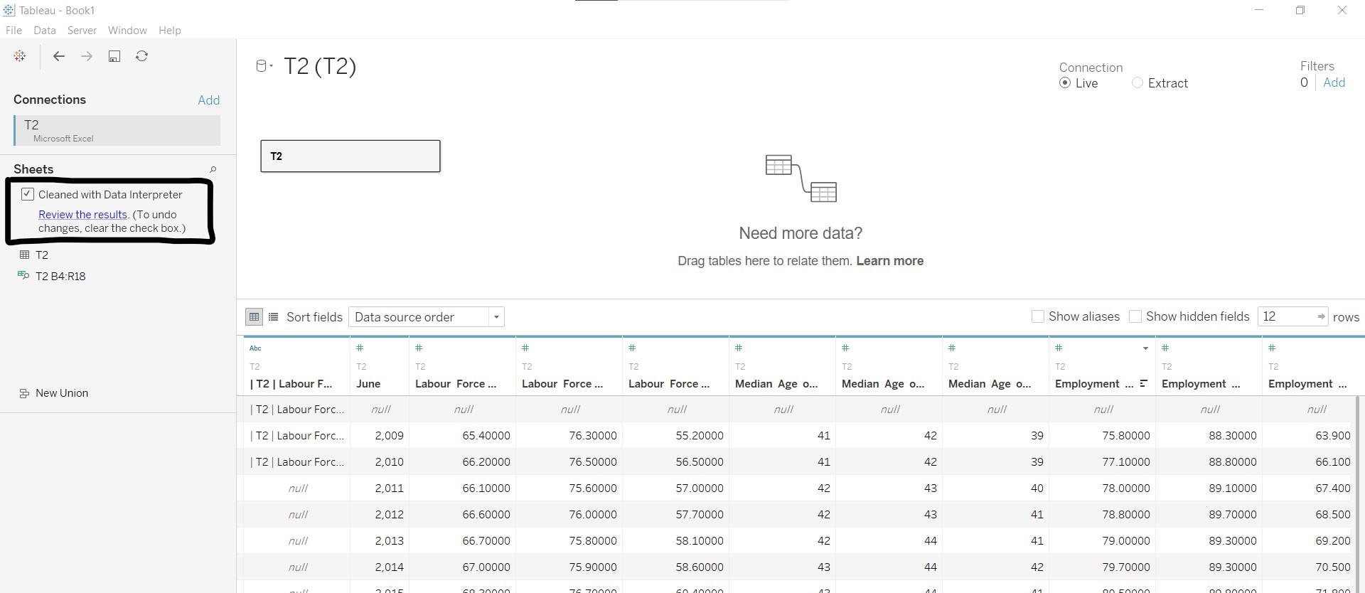 T2 after Tableau Data Interpreter