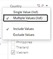 Able to change filter parameters from the dropdown arrow in the Country filter